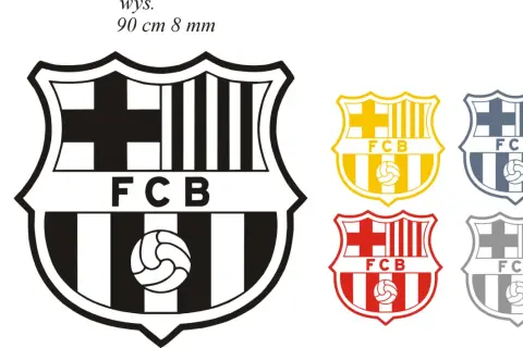 Czarno-białe logo FC Barcelona do pokolorowania, obok mniejsze wersje w kolorach: żółtym, niebieskim, czerwonym i szarym. Idealne dla fanów FC Barcelona kolorowanka.