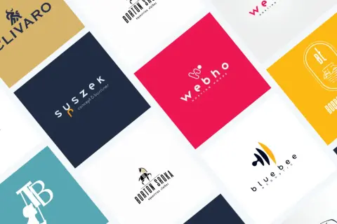 Kolekcja logotypów z różnymi czcionkami i cyframi. Wśród nich "CLIVARO", "Suszek", "webho", "BORTON SROKA", "blue bee".