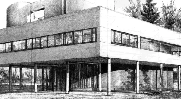 Architektoniczny rysunek z perspektywy ukazuje modernistyczny dom na palach, otoczony drzewami.