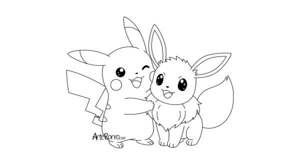 Pikachu obejmuje Eevee. Gotowe do pokolorowania kolorowanki pokemon ewolucje eevee.