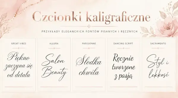 Odkryj ozdobne czcionki online: "Piękno zaczyna się od detalu", "Salon Beauty", "Słodka chwila", "Ręcznie tworzone z pasją", "Styl i lekkość".