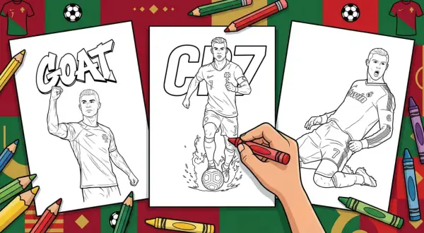 Ronaldo kolorowanka: trzy rysunki CR7 do pokolorowania. Rysunek z napisem "GOAT", CR7 z piłką i padający CR7.
