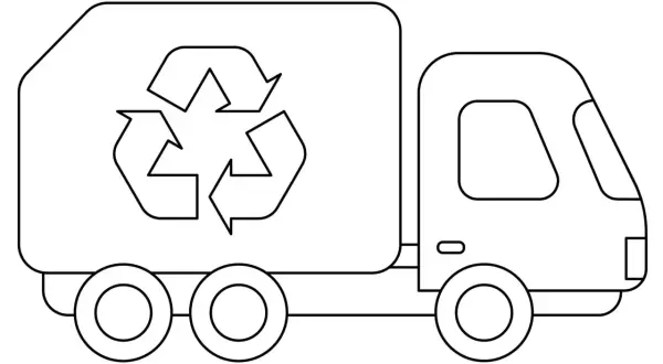 Prosta śmieciarka kolorowanka z symbolem recyklingu. Gotowa do pokolorowania przez dzieci.