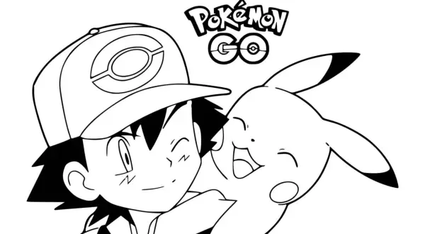 Ash i Pikachu, bohaterowie wszystkich pokemony kolorowanka, cieszą się wspólną chwilą.