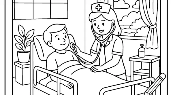 Kolorowanka szpital: pielęgniarka bada chłopca leżącego w łóżku. Obrazek do pokolorowania.