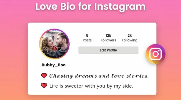 Przykładowy profil IG z parą, statystykami i inspirującym tekstem. Czcionka ig idealnie pasuje do romantycznego klimatu.