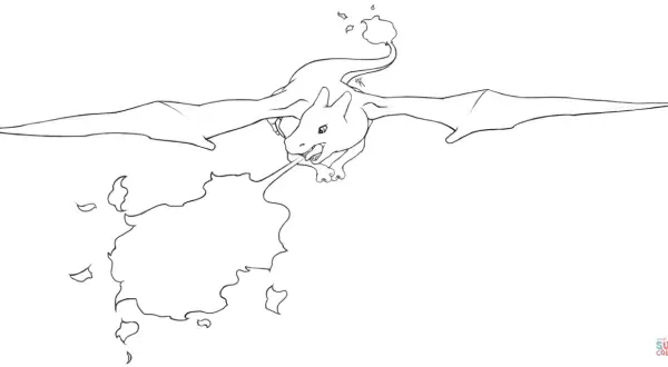 Charizard kolorowanka: smok ziejący ogniem, gotowy do pokolorowania.