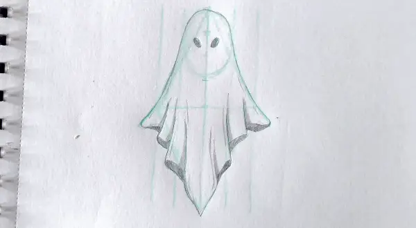 Uroczy duch rysunek dla dzieci, z wielkimi oczami i falującym materiałem.