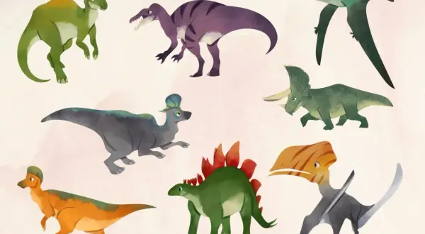 Urocze dinozaury do wydruku: zielony parazaurolof, fioletowy tyranozaur, latający pterodaktyl, szary stegozaur, zielony triceratops i inne.