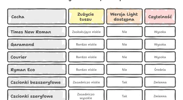 Porównanie zużycia tuszu przez czcionki: Times New Roman, Garamond, Courier, Ryman Eco, bezszeryfowe i szeryfowe. Niektóre dziwne czcionki zużywają mniej tuszu.