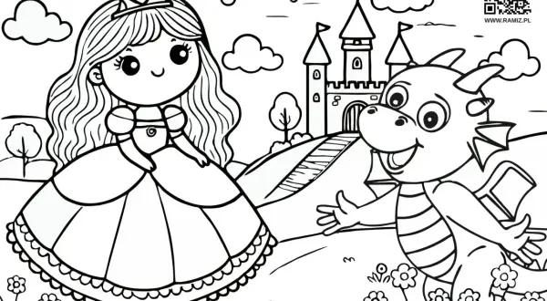 Urocza księżniczka i przyjazny smok czekają na pokolorowanie. Idealne kolorowanki dla dzieci do druku, by stworzyć własną bajkę.
