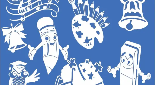Urocze dekoracje na rozpoczęcie roku szkolnego do druku: wesoła kredka, sowa w birecie, dzwonki, nuty, paleta z pędzlami i gumka.