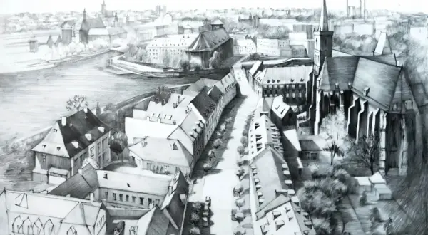 Widok z lotu ptaka na miasto z rzeką i kościołem. Bardzo trudne rysunki detali architektonicznych i dachów.