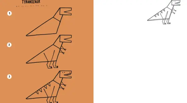 Prosty t rex rysunek dla dzieci, pokazujący kolejne etapy tworzenia dinozaura.