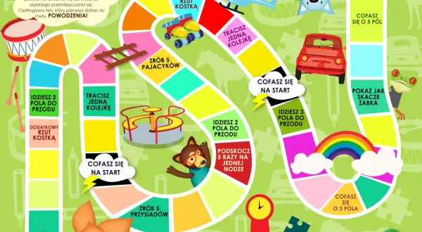 Kolorowa plansza gry z zabawnymi postaciami i zadaniami. Kto pierwszy dotrze do mety? Powodzenia!