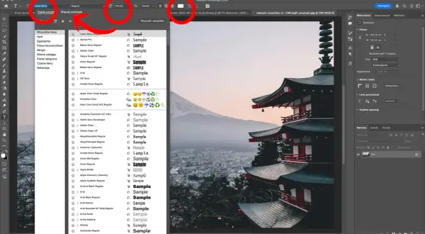 Jak dodać czcionkę do Photoshop: wybierz "Więcej czcionek", by przeglądać i instalować nowe fonty.