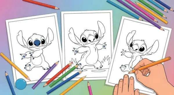 Kolorowanki Stitch gotowe do pokolorowania. Rysunki z uroczym Stichiem i kredki czekają na kreatywność.
