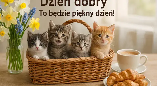 Cztery urocze kociaki w koszyku, bukiet żonkili i kawa. Idealne darmowe kartki na cały tydzień!