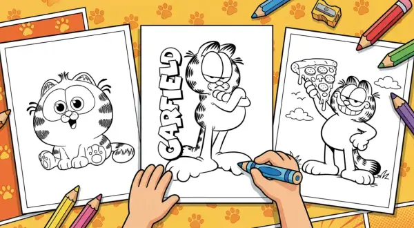 Trzy strony z Garfieldem do pokolorowania. Dziecko koloruje jednego z kotów, podczas gdy inne czekają na swoją kolej.