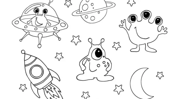 Uroczy ufoludek do druku, latający spodkiem, z planetą, rakietą i księżycem.