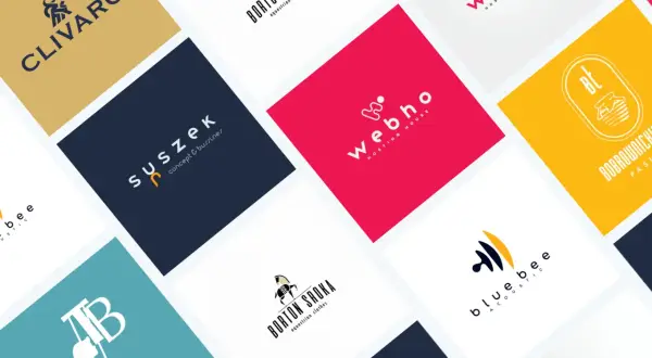 Kolekcja logotypów z różnymi czcionkami i cyframi. Wśród nich "CLIVARO", "Suszek", "webho", "BORTON SROKA", "blue bee".