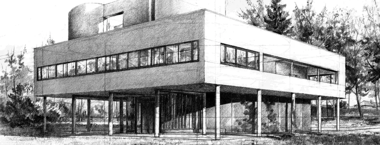 Architektoniczny rysunek z perspektywy ukazuje modernistyczny dom na palach, otoczony drzewami.