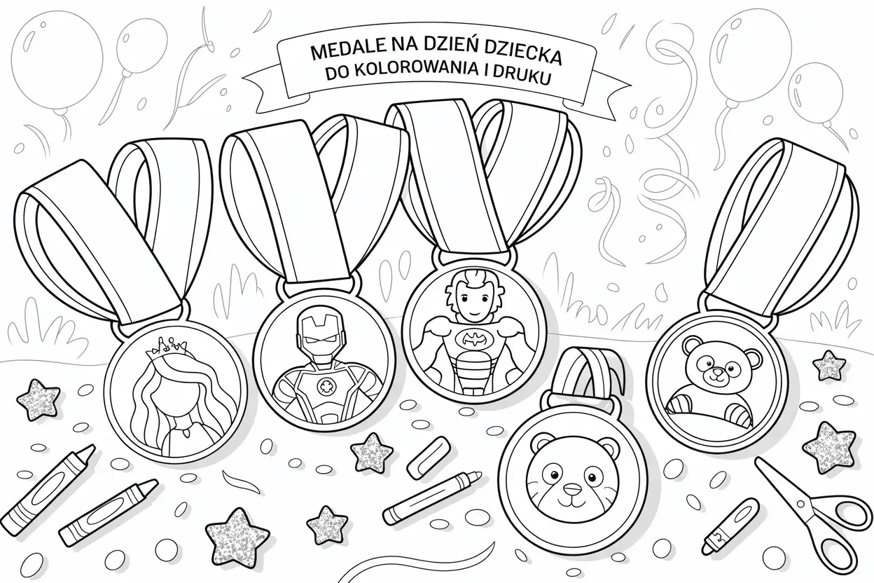 Szablony medali dla dzieci do druku i kolorowania: księżniczka, superbohaterowie, misie. Idealne na Dzień Dziecka!