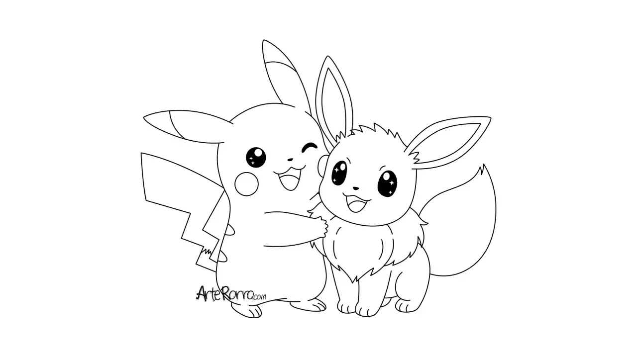 Pikachu obejmuje Eevee. Gotowe do pokolorowania kolorowanki pokemon ewolucje eevee.