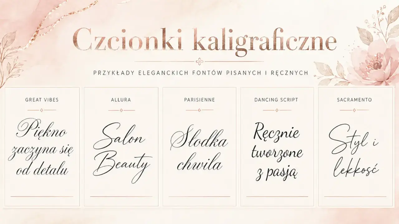 Odkryj ozdobne czcionki online: "Piękno zaczyna się od detalu", "Salon Beauty", "Słodka chwila", "Ręcznie tworzone z pasją", "Styl i lekkość".