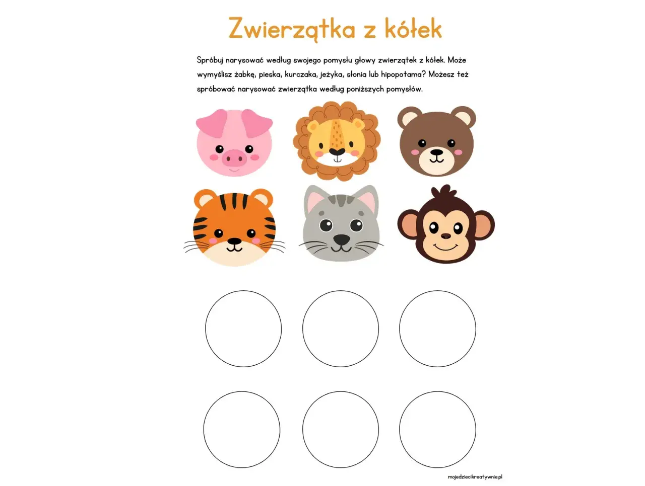 Międzynarodowy dzień kropki - pomysły na rysowanie zwierzątek z kółek: świnka, lew, miś, tygrys, kot, małpka. Puste koła do rysowania.