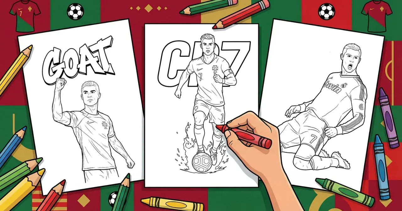 Ronaldo kolorowanka: trzy rysunki CR7 do pokolorowania. Rysunek z napisem "GOAT", CR7 z piłką i padający CR7.