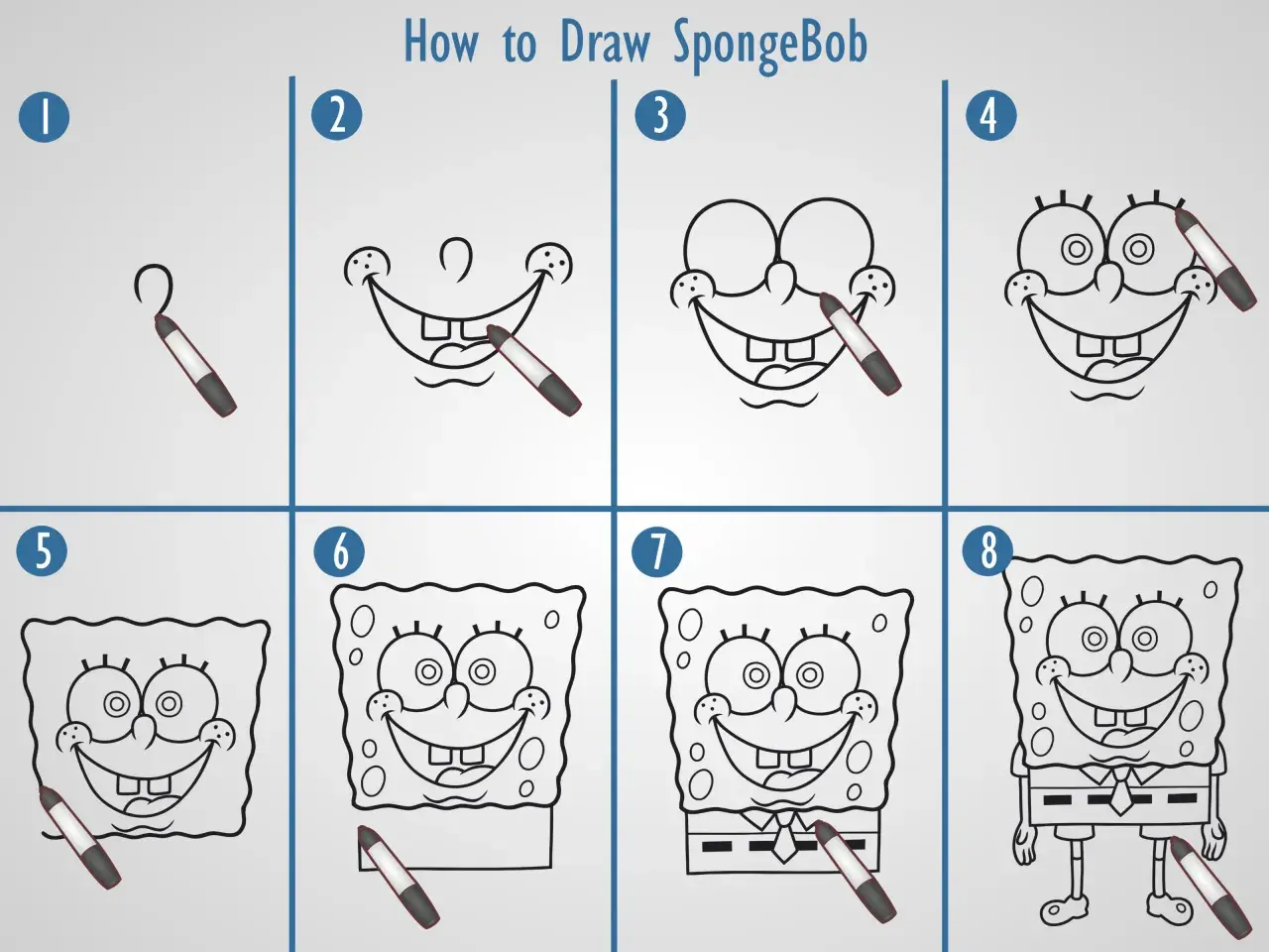 Instrukcja krok po kroku, jak narysować Spongeboba. Łatwy spongebob rysunek do naśladowania.