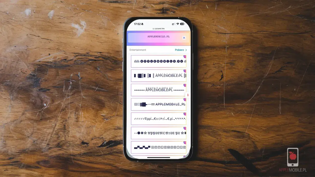 Szukasz ładnej czcionki na IG? Na ekranie telefonu widzisz generator fontów z różnymi wariantami nazwy "APPLEMOBILE.PL".