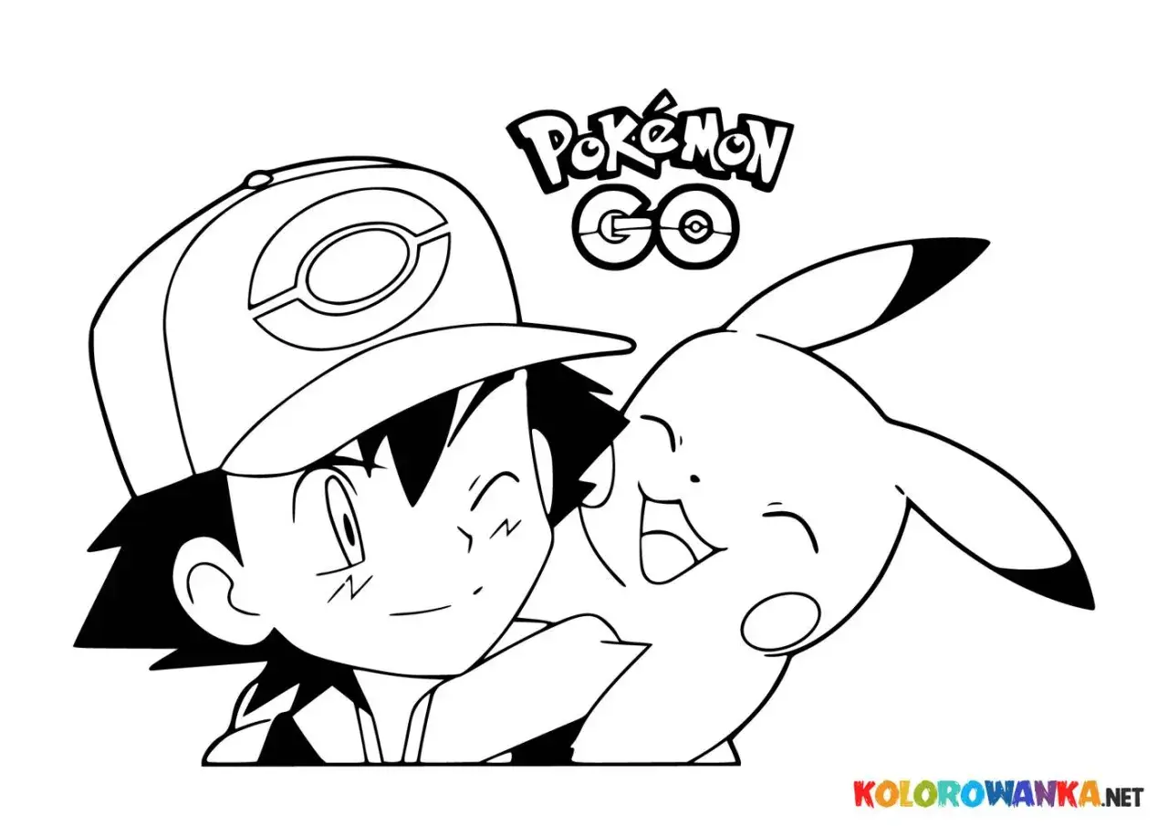 Ash i Pikachu, bohaterowie wszystkich pokemony kolorowanka, cieszą się wspólną chwilą.