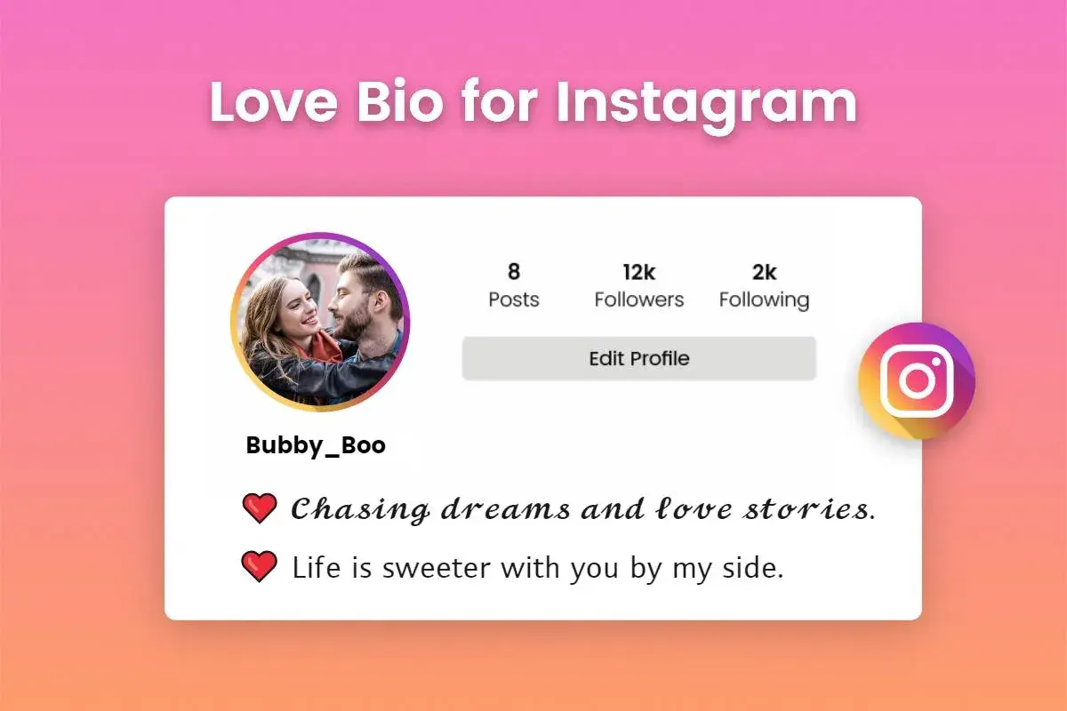 Przykładowy profil IG z parą, statystykami i inspirującym tekstem. Czcionka ig idealnie pasuje do romantycznego klimatu.
