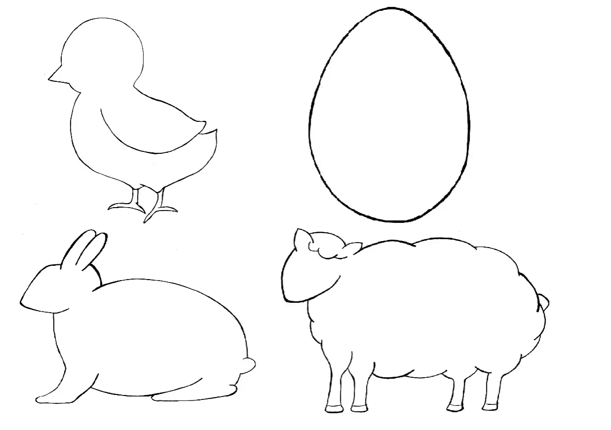 Wielkanocny baranek szablon, pisanka, kurczak i królik. Idealne do ozdabiania i tworzenia świątecznych kartek.