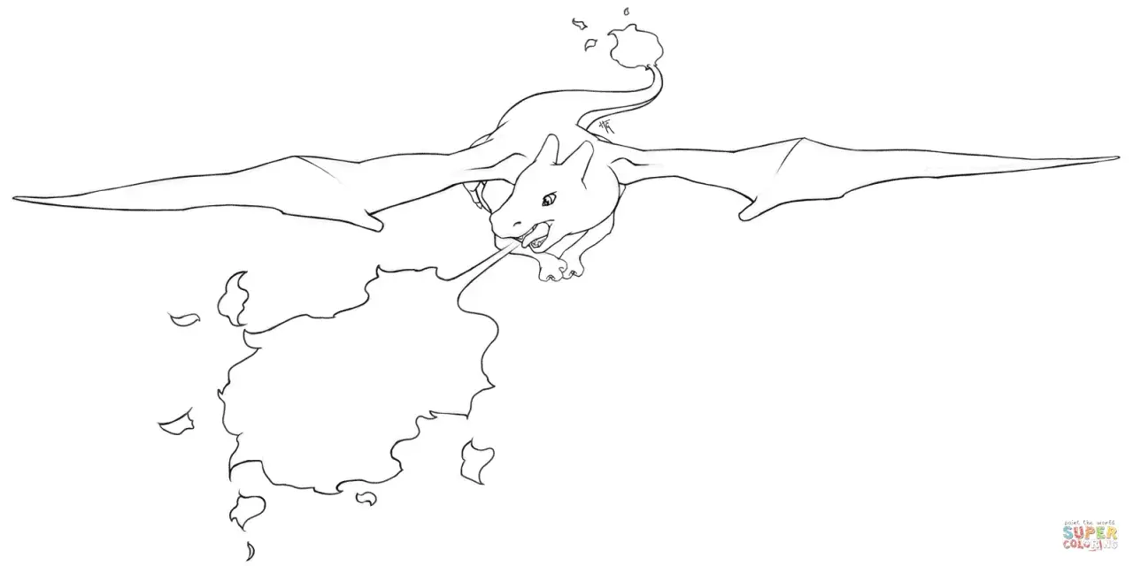 Charizard kolorowanka: smok ziejący ogniem, gotowy do pokolorowania.