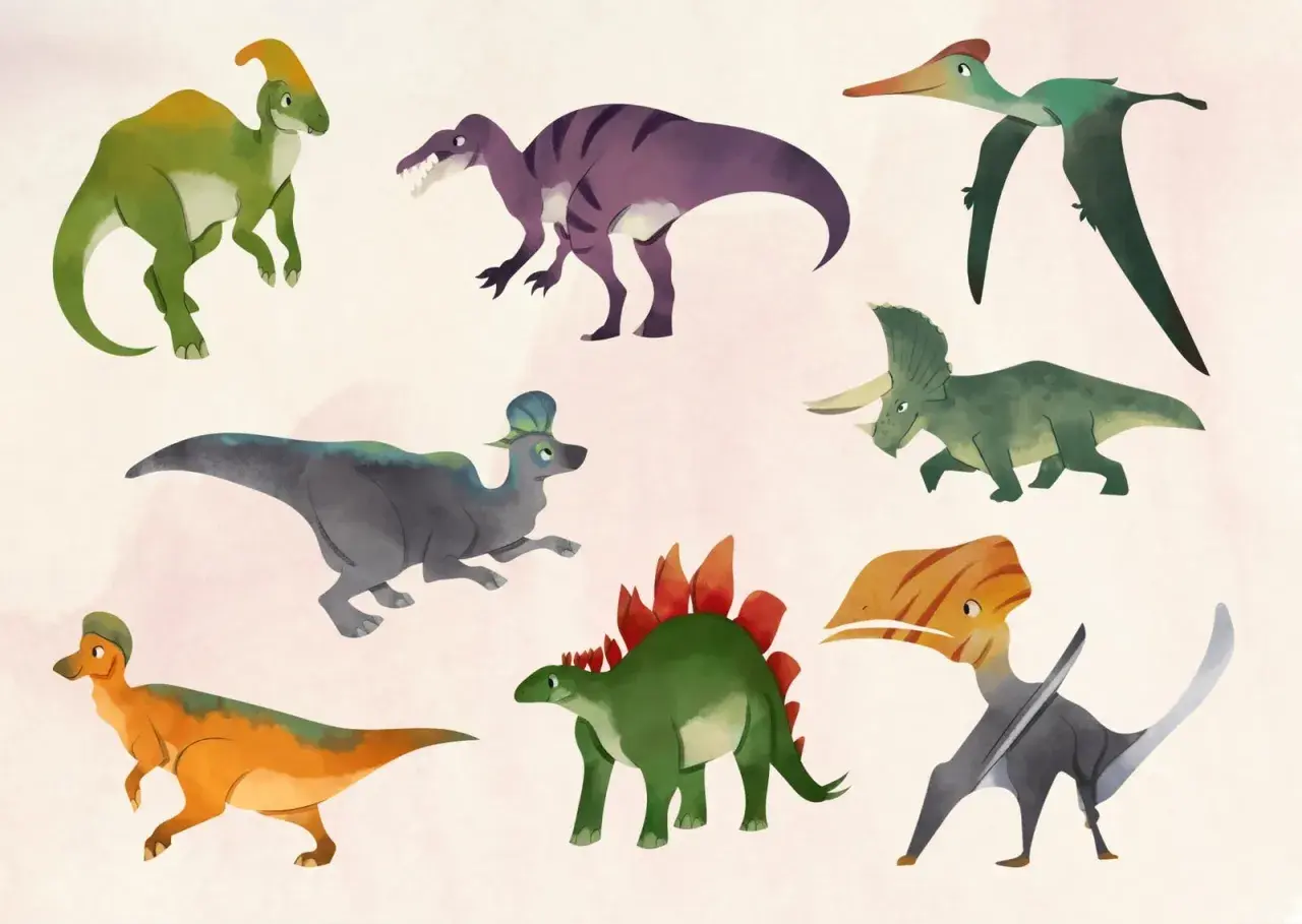 Urocze dinozaury do wydruku: zielony parazaurolof, fioletowy tyranozaur, latający pterodaktyl, szary stegozaur, zielony triceratops i inne.