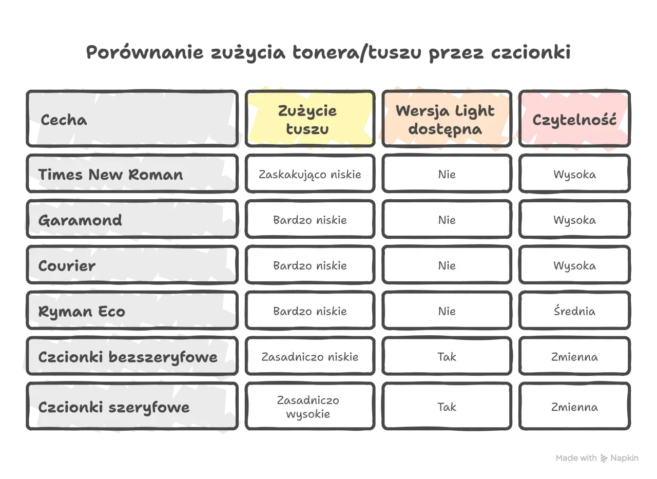Porównanie zużycia tuszu przez czcionki: Times New Roman, Garamond, Courier, Ryman Eco, bezszeryfowe i szeryfowe. Niektóre dziwne czcionki zużywają mniej tuszu.