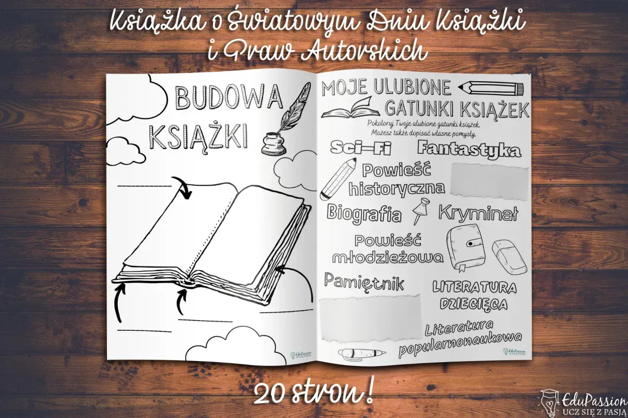 Karty pracy na Dzień Książki i Praw Autorskich: budowa książki, ulubione gatunki (fantastyka, kryminał, sci-fi), literatura dziecięca.
