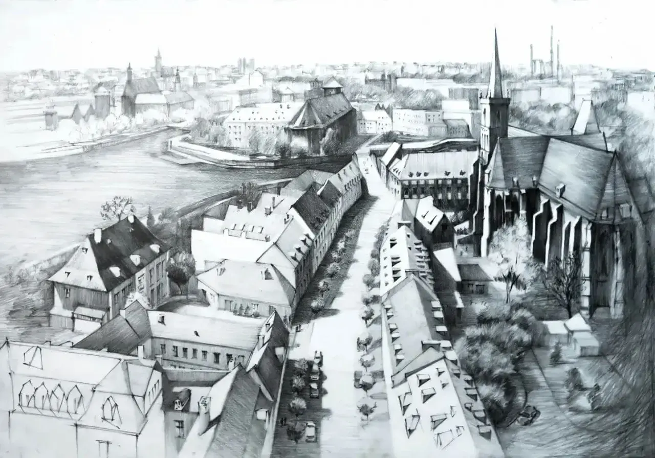 Widok z lotu ptaka na miasto z rzeką i kościołem. Bardzo trudne rysunki detali architektonicznych i dachów.