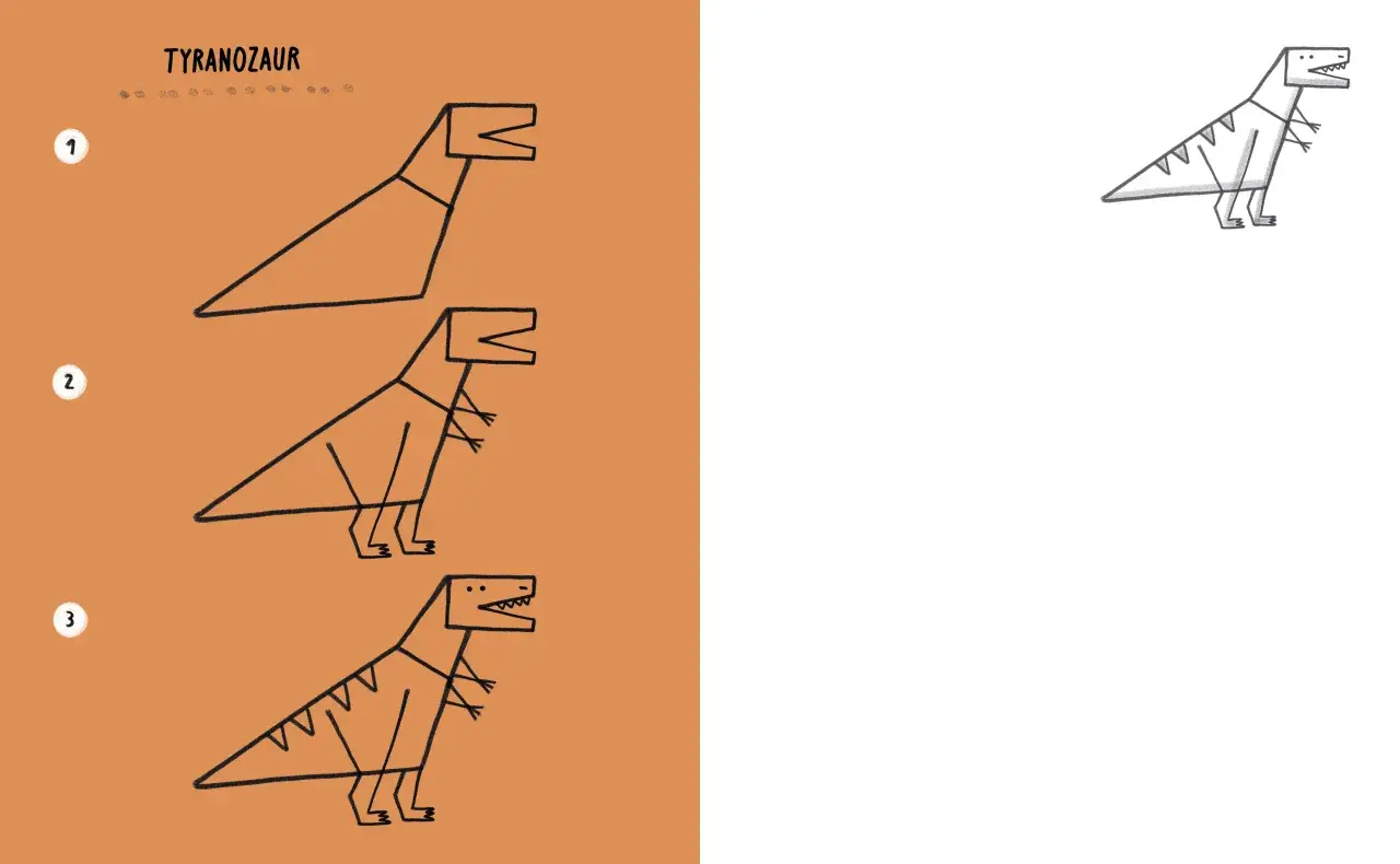 Prosty t rex rysunek dla dzieci, pokazujący kolejne etapy tworzenia dinozaura.