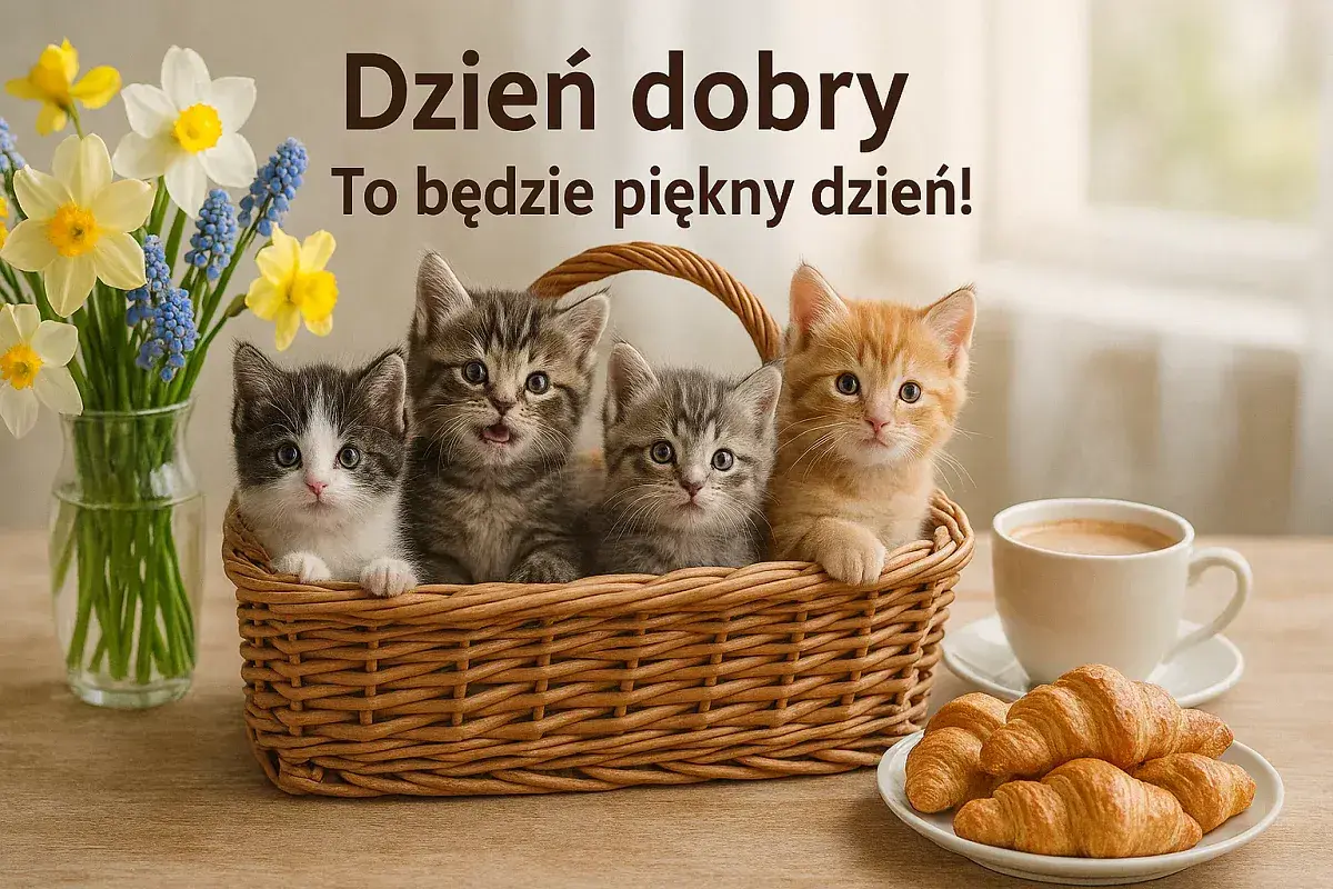 Cztery urocze kociaki w koszyku, bukiet żonkili i kawa. Idealne darmowe kartki na cały tydzień!