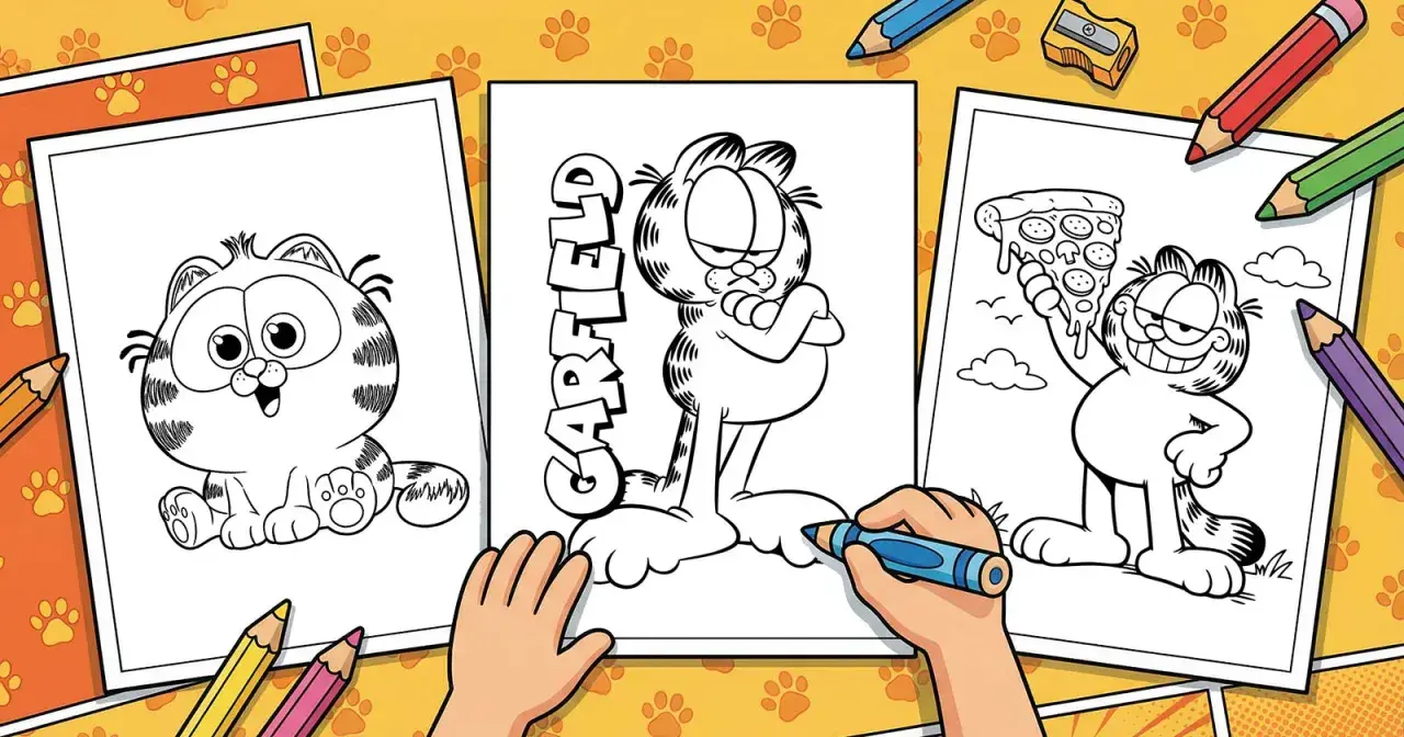 Trzy strony z Garfieldem do pokolorowania. Dziecko koloruje jednego z kotów, podczas gdy inne czekają na swoją kolej.