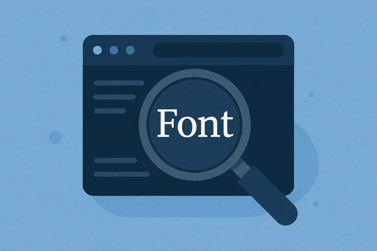 Lupa powiększa słowo "Font" na ekranie komputera, ilustrując, jak rozpoznać czcionkę.