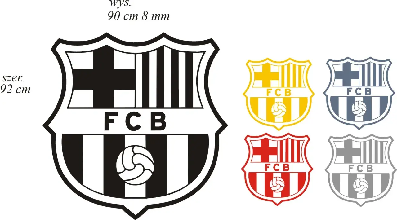 Czarno-białe logo FC Barcelona do pokolorowania, obok mniejsze wersje w kolorach: żółtym, niebieskim, czerwonym i szarym. Idealne dla fanów FC Barcelona kolorowanka.