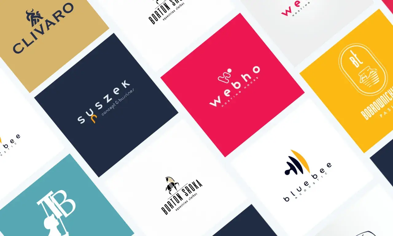 Kolekcja logotypów z różnymi czcionkami i cyframi. Wśród nich "CLIVARO", "Suszek", "webho", "BORTON SROKA", "blue bee".