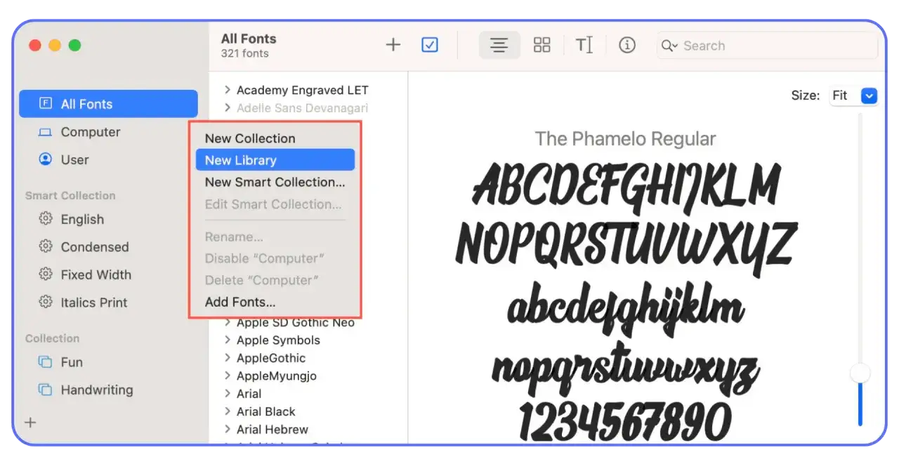 Jak dodać czcionkę do Photoshop? Widok okna Font Book z opcją 