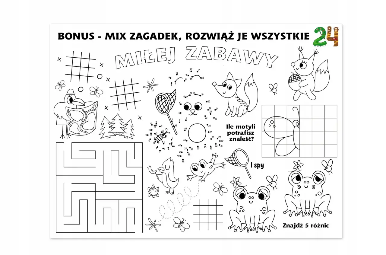 Zwierzęce zagadki kolorowanka: labirynt, rysowanie po kropkach, sudoku,