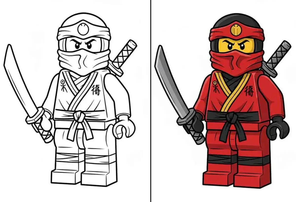 Dwie wersje Lloyda z LEGO Ninjago: jedna do pokolorowania, druga w czerwonym stroju z mieczem. Idealne kolorowanki lego ninjago lloyd dla fanów.